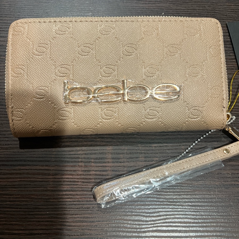Bebe Tan Clutch with Textured Design and Wristlet